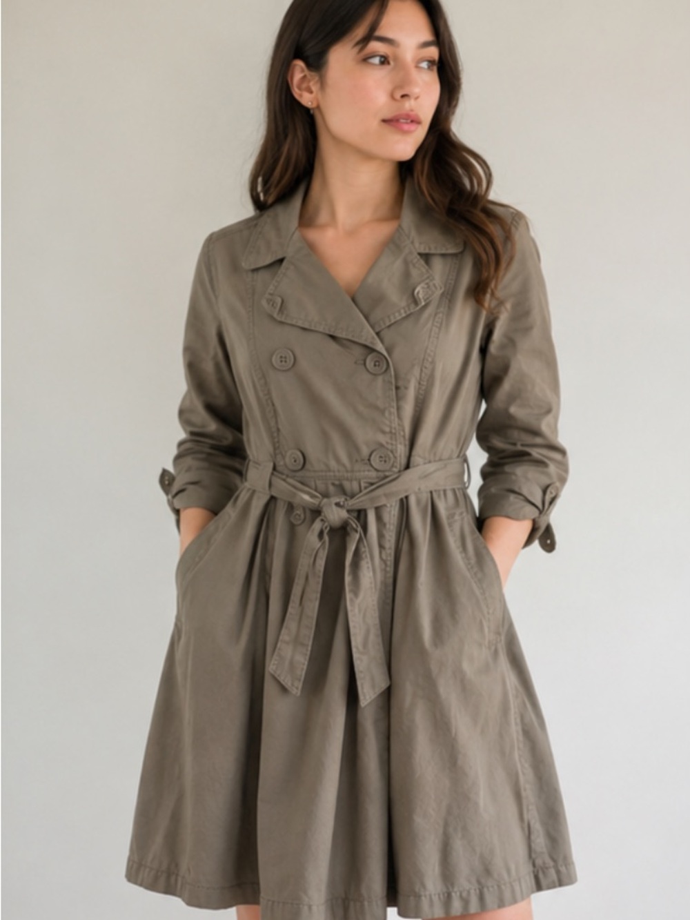 Nori Trench Coat Dress Size L Khaki Belted Fit & Flare 100% Cotton